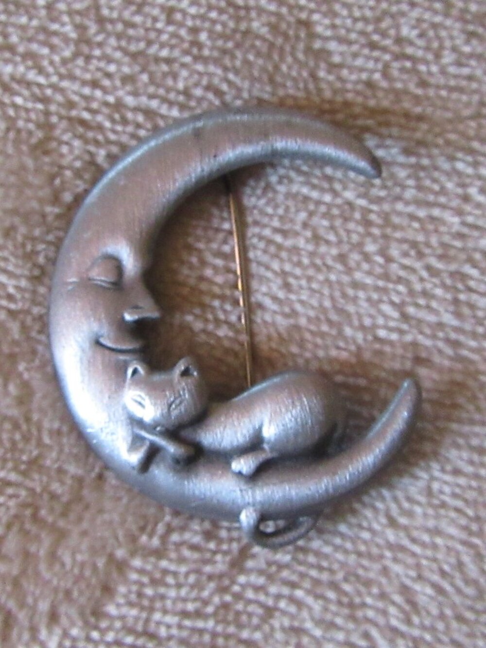 Cat on Crescent Moon whimsical pewter pin vintage brooch 2 inches